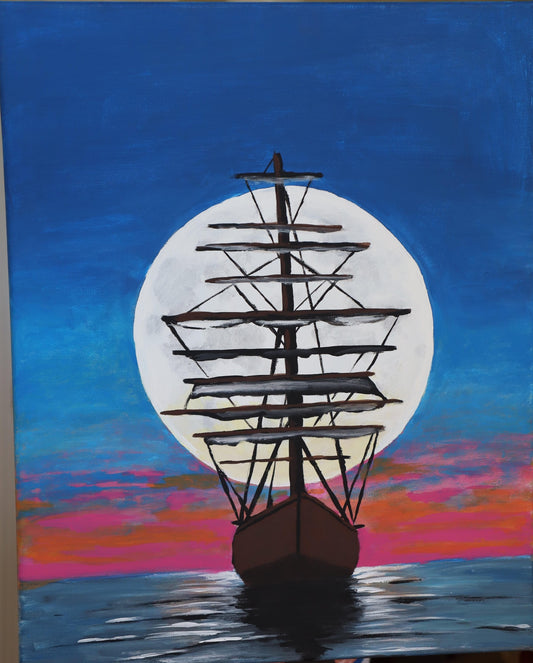 Boat at Sunset with Full Moon Acrylic Painting