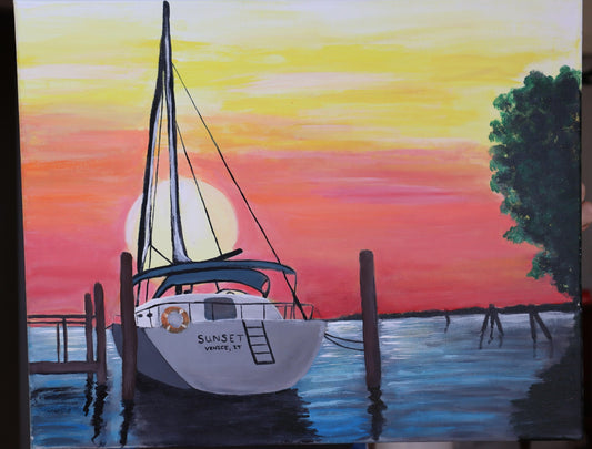 Sail Boat and Sunset Landscape Acrylic Painting